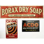 Three tinplate lithographed advertising signs: MIRACLE ADCO STILL WASHES WHITEST, 6.25in x 9.5in;