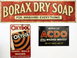 Three tinplate lithographed advertising signs: MIRACLE ADCO STILL WASHES WHITEST, 6.25in x 9.5in;