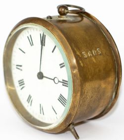 GWR brass drum clock with enamel dial. Stamped 3603 on the case and back. The French movement has