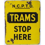 Tram enamel sign N.C.P.T.D. TRAMS STOP HERE. A double sided sign from Nottingham measuring 12in x