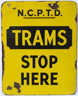 Tram enamel sign N.C.P.T.D. TRAMS STOP HERE. A double sided sign from Nottingham measuring 12in x