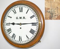 Rhymney Railway 12in oak cased English fusee railway clock. The brass chain driven fusee movement