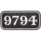 GWR cast iron cabside numberplate 9794 ex Collett 0-6-0 PT built at Swindon in 1936. Allocated to