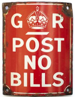 Post Office enamel sign GR POST NO BILLS, a curved enamel to fit telegraph poles. In good