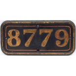 GWR cast iron cabside numberplate 8779 ex Collett 0-6-0 PT built at Swindon in 1934. Allocated to