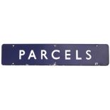 BR(E) enamel doorplate PARCELS. In very good condition with minor edge chipping, measures 18in x 3.
