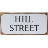 Enamel London motoring Road Sign HILL STREET. This pre war sign has Gothic script lettering and