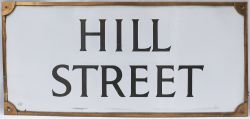 Enamel London motoring Road Sign HILL STREET. This pre war sign has Gothic script lettering and