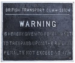 British Transport Commission cast iron trespass notice. In restored condition measures 23in x