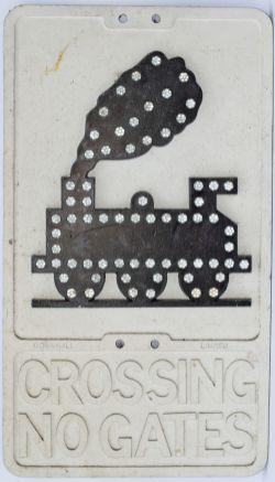 Road sign CROSSING NO GATES with 0-6-0 locomotive and manufacturers name GOWSHALL LIMITED cast