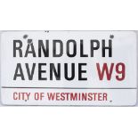 Enamel London motoring Road Sign RANDOLPH AVENUE W9 CITY OF WESTMINSTER. Fully flanged enamel in