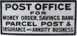 Post Office enamel sign POST OFFICE FOR MONEY ORDER, SAVINGS BANK. PARCEL POST & INSURANCE AND