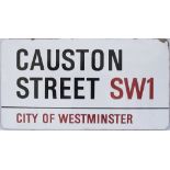 Enamel London motoring Road Sign CAUSTON STREET SW1 CITY OF WESTMINSTER. Fully flanged enamel in