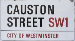 Enamel London motoring Road Sign CAUSTON STREET SW1 CITY OF WESTMINSTER. Fully flanged enamel in