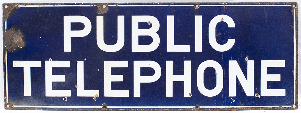Enamel Post Office sign PUBLIC TELEPHONE. In good condition with some face chipping, measures 33in x