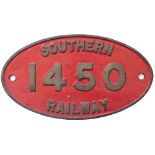 Cabside numberplate, SOUTHERN RAILWAY 1450 ex SER Stirling B 4-4-0 built by Neilson, Reid & Co in