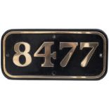 BR(W) brass cabside numberplate 8477 ex Hawksworth 0-6-0 PT built by Yorkshire Engine Company in