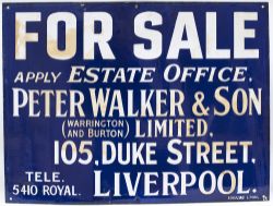 Estate Agents enamel advertising sign FOR SALE APPLY ESTATE OFFICE PETER WALKER & SON (WARRINGTON