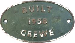 Worksplate BUILT 1958 CREWE ex British Railways Diesel Class 08 in the number range D3423-3438. Oval