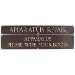 A pair of Post Office/ GPO enamel doorplates: APPARATUS REPAIR, 21in x 2.5in; APPARATUS PLEASE