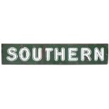 Southern Railway Double Royal enamel poster board heading SOUTHERN. In good condition with some face