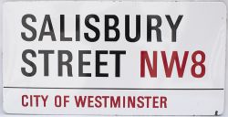 Enamel London motoring Road Sign SALISBURY STREET NW8 CITY OF WESTMINSTER. Fully flanged enamel in