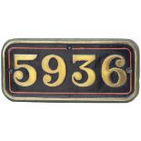 GWR brass cabside number plate 5936 ex Oakley Hall, see previous lot for details. In nicely restored