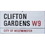 Enamel London motoring Road Sign CLIFTON GARDENS W9 CITY OF WESTMINSTER. Fully flanged enamel in