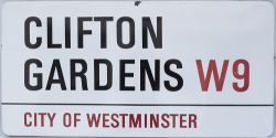 Enamel London motoring Road Sign CLIFTON GARDENS W9 CITY OF WESTMINSTER. Fully flanged enamel in