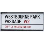 Enamel London motoring Road Sign WESTBOURNE PARK PASSAGE W2 CITY OF WESTMINSTER. Double sided enamel