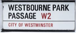 Enamel London motoring Road Sign WESTBOURNE PARK PASSAGE W2 CITY OF WESTMINSTER. Double sided enamel