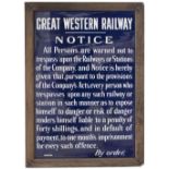 GWR enamel GREAT WESTERN RAILWAY NOTICE re TRESPASS. Vertical pattern in original frame measures