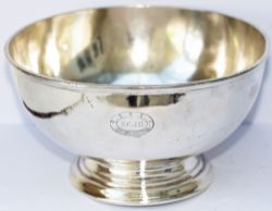 East Coast Joint Stock silverplate fruit bowl, Hand engraved on the front ECJS in garter, base