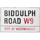 Enamel London motoring Road Sign BIDDULPH ROAD W9 CITY OF WESTMINSTER. Fully flanged enamel in