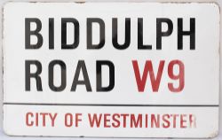 Enamel London motoring Road Sign BIDDULPH ROAD W9 CITY OF WESTMINSTER. Fully flanged enamel in