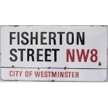 Enamel London motoring Road Sign FISHERTON STREET NW8 CITY OF WESTMINSTER. Fully flanged enamel in