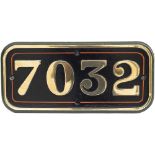 BR-W brass cabside numberplate 7032 ex Collett Castle Class 4-6-0 built at Swindon in 1950 and named