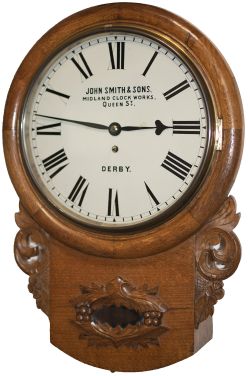 Midland Railway oak cased 12in drop dial fusee clock by John Smith & Sons of Derby circa 1880. The