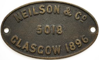 Worksplate NEILSON & CO GLASGOW 5018 1896 ex Great Northern Railway Stirling J52/53 0-6-0ST numbered