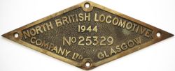 Worksplate NORTH BRITISH LOCOMOTIVE COMPANY LTD GLASGOW No 25329 1944 ex Riddles WD 2-8-0 numbered