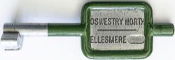 BR-W Tyers No9 single line aluminium key token OSWESTRY NORTH - ELLESMERE, configuration C. In