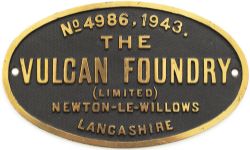 Worksplate THE VULCAN FOUNDRY LIMITED NEWTON-LE-WILLOWS LANCASHIRE No 4986 1943, from a War