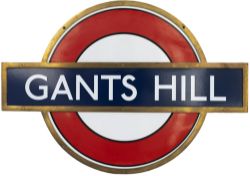 London Transport Underground enamel target/bullseye sign GANTS HILL with original bronze frame. In
