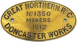 Worksplate GREAT NORTHERN RY CO MAKERS DONCASTER No 1350 1912 ex Ivatt N1 0-6-2 T numbered GNR 1605,