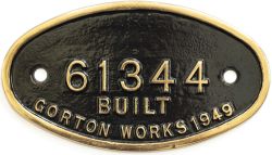 Worksplate 61344 BUILT GORTON WORKS 1949 ex LNER Thompson B1 4-6-0. Allocated to Eastfield,