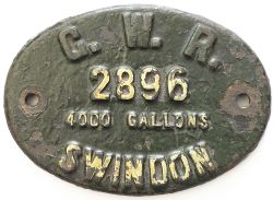 Great Western Railway cast iron tenderplate GWR 2896 4000 GALLONS. This tender was paired with