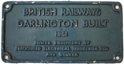 Worksplate BRITISH RAILWAYS DARLINGTON BUILT 1961 POWER EQUIPMENT BY ASSOCIATED ELECTRICAL