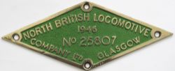 Worksplate NORTH BRITISH LOCOMOTIVE COMPANY LTD GLASGOW No 25807 1946 ex LNER Thompson B1 4-6-0