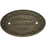 Worksplate GREAT NORTHERN RAILWAY MAKERS DONCASTER No 949 1901 ex Stirling J52 numbered GNR 1256 and