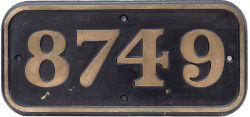 GWR brass cabside numberplate 8749 ex Collett 0-6-0PT built by W.G. Bagnall in 1931. Allocated to